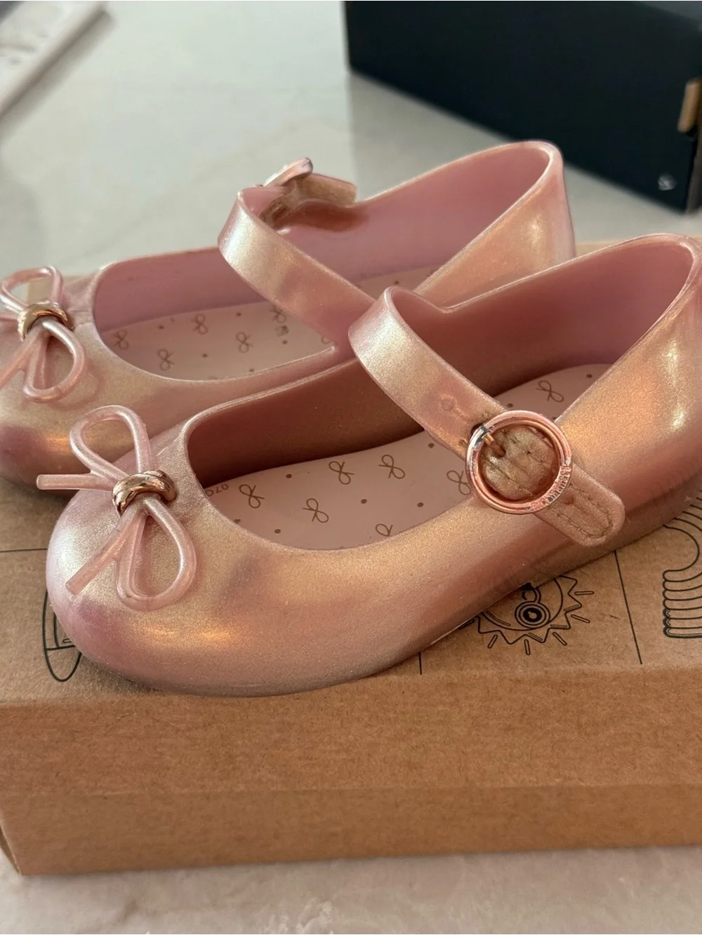 Mini Melissa Metallic Rose Gold Mary Janes with Bow Accent
